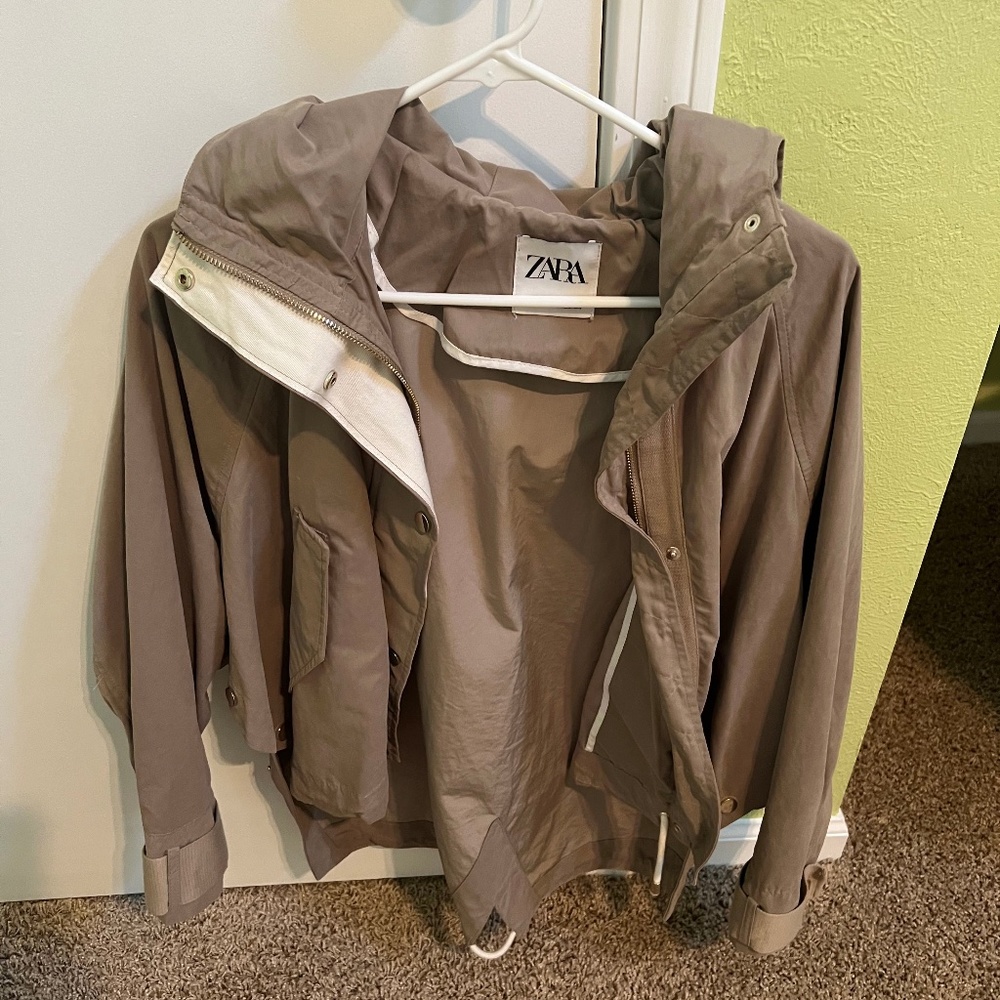 Zara Woman Olive Green Hooded Wind/Rain Coat